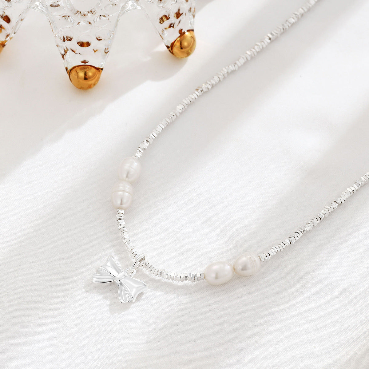 Sier Freshwater Pearl Bow Square Small Necklaces