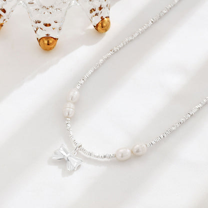 Sier Freshwater Pearl Bow Square Small Necklaces