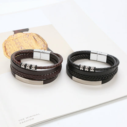 Men's Steel Magnetic Buckle Leather Cowhide String Bracelets