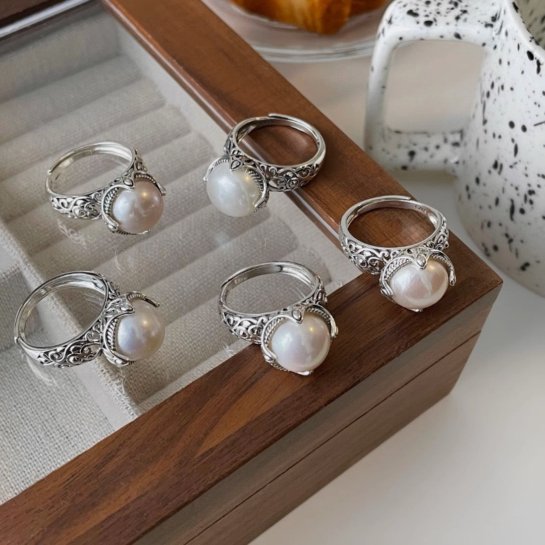 Vintage Thai Sier Big Pearl Queen Female Rings