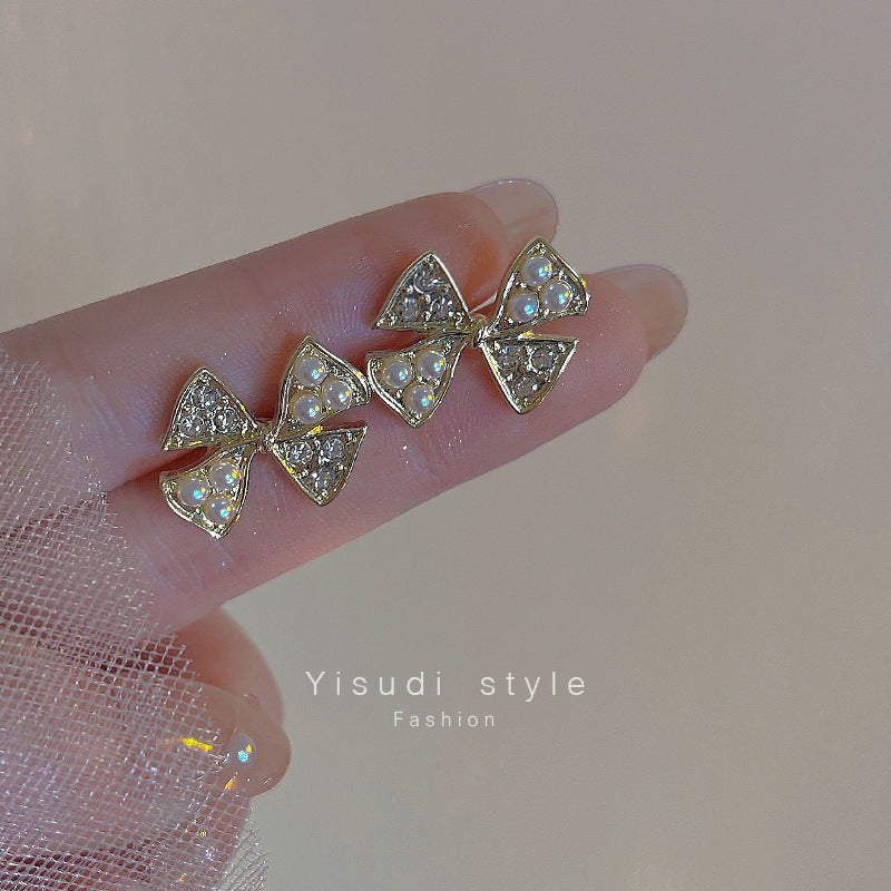 Women's Sier Bow Pearl Simple Rhinestone Fashion Earrings