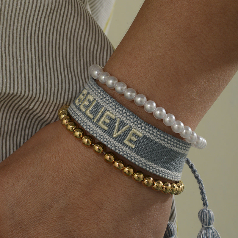 Women's Korean Letter Printed Pearl Graceful Pull-out Bracelets