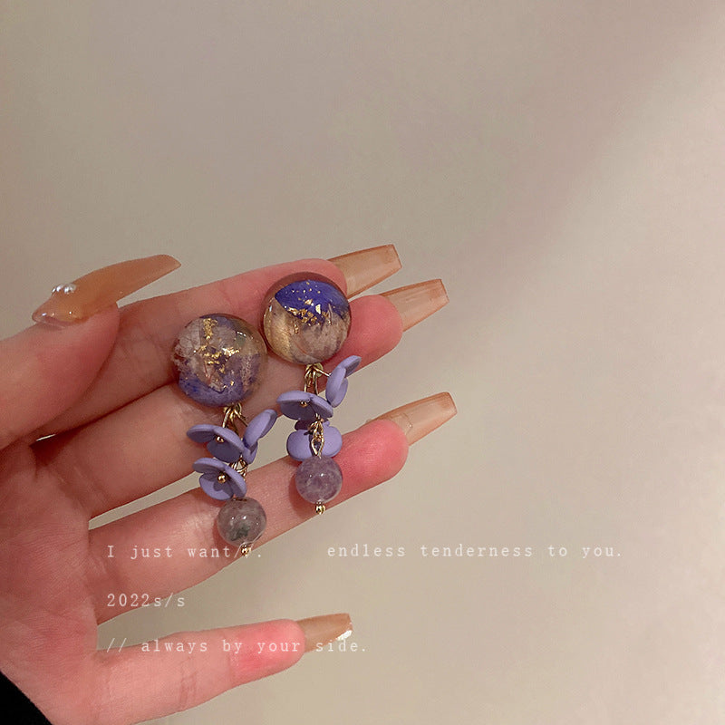 Purple Pearl Diamond Flower Fashion Geometry Pattern Temperament Wild Earrings