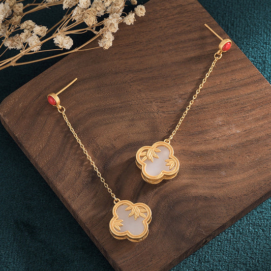 Women's Matching Sier Needle Jade South Red Earrings