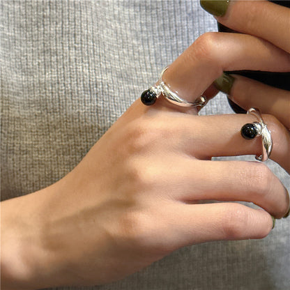 Sier Black Agate French Retro Ball Rings
