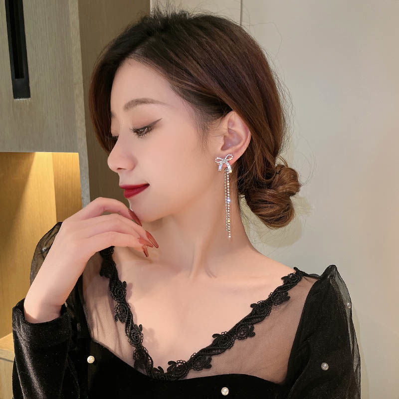Rhinestone Bow Female Fashion Temperament Long Earrings