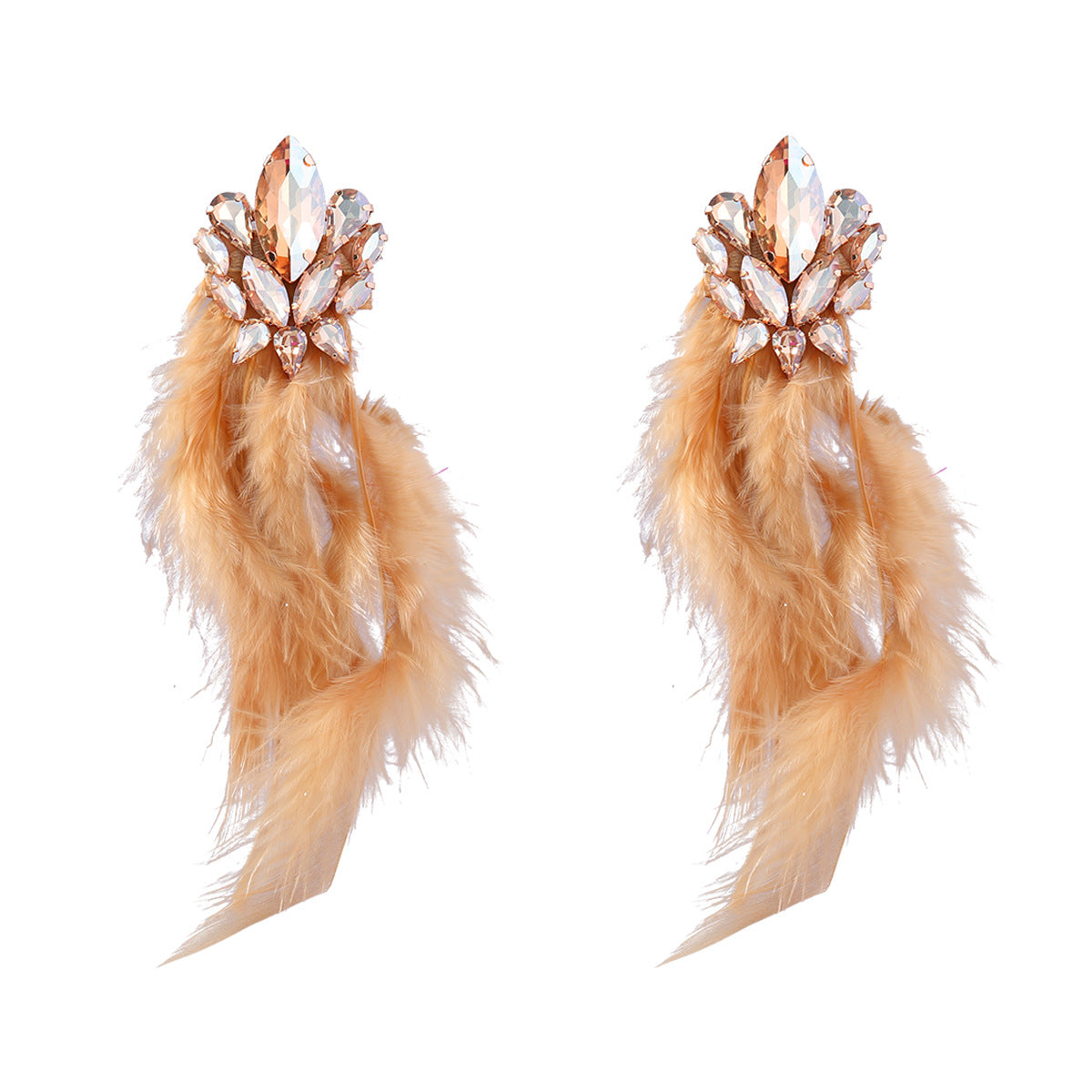 Diamond Flower Long Feather Tassel Female Earrings