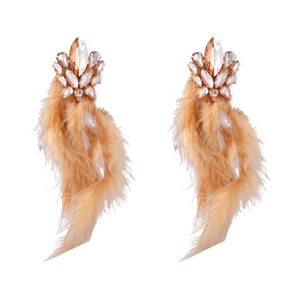 Diamond Flower Long Feather Tassel Female Earrings
