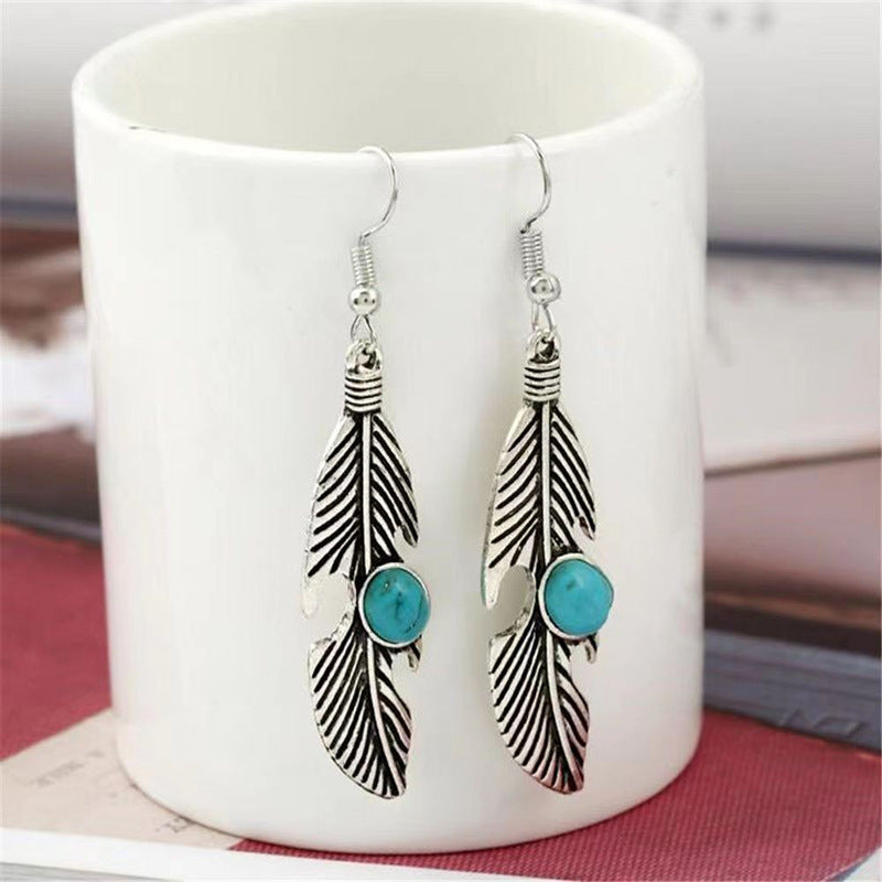 Style Feather Inlaid Turquoise Seaside Holiday Long Earrings