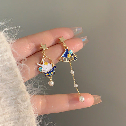 Contrast Color Dripping Asymmetric Little Bunny Earrings