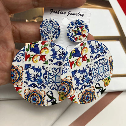 Italian Church Ceramic Pattern Large Wooden Earrings