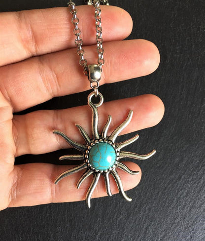 Boho Sun Pendant Sunflower Cracked Turquoise Necklaces