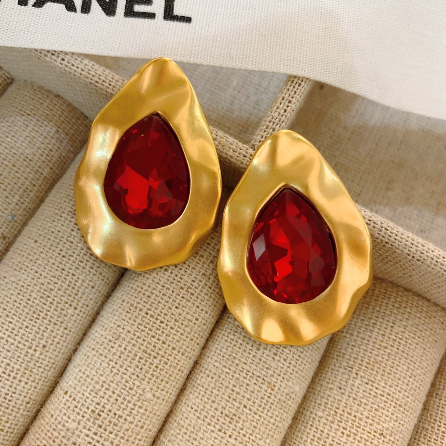 Distressed Matte Gold Red Gem Drop Earrings