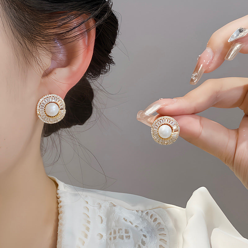 Women's Needle Personality Fashion Micro Inlaid Zircon Irregular Round Pearl Earrings