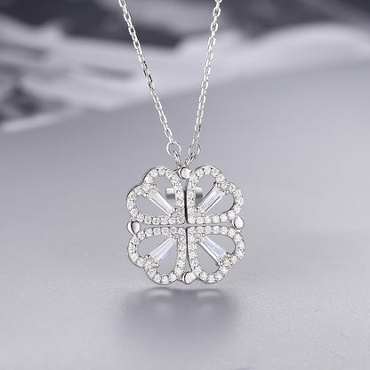 Print Open And Close Folding Four-leaf Clover Heart Necklaces