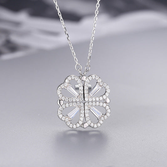 Print Open And Close Folding Four-leaf Clover Heart Necklaces