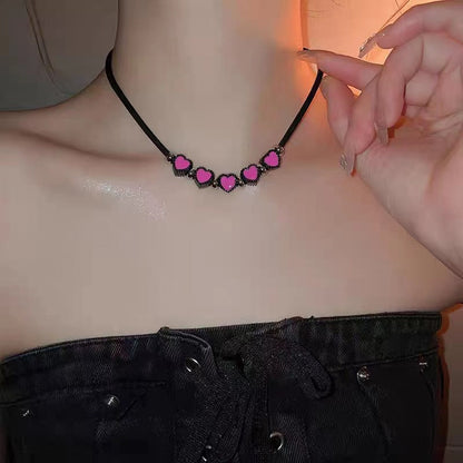 Women's Hot Sweetheart Pink Stars Heart Leather String Niche Necklaces