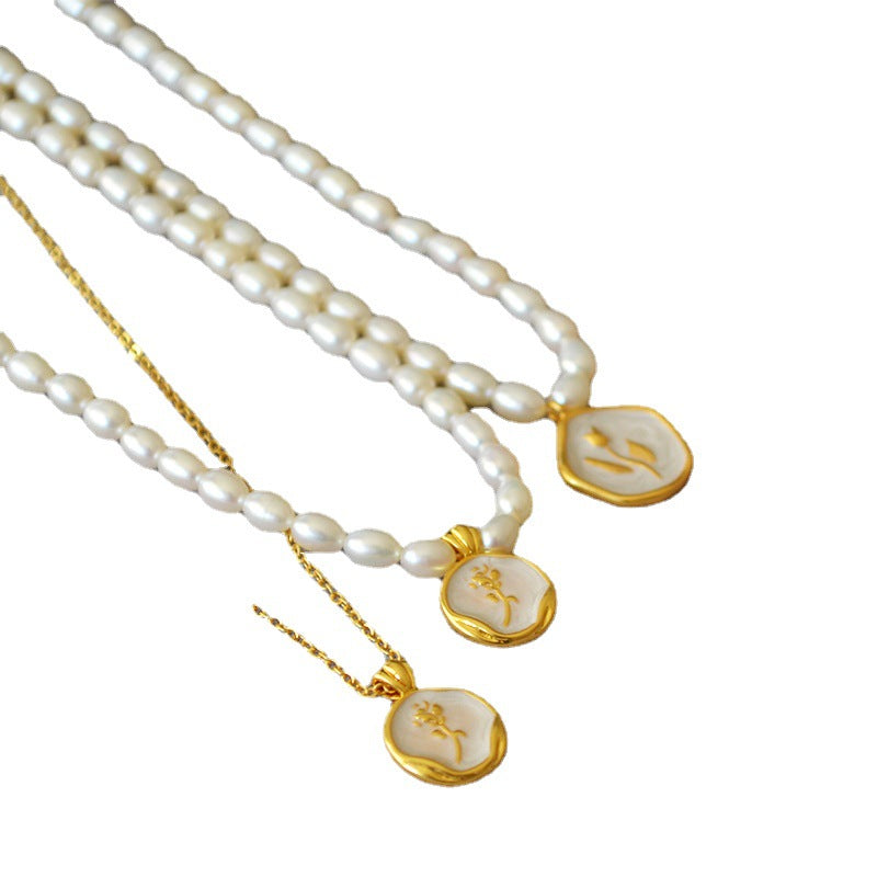 French Elegant Pearl White Enamel Vintage Rose Gold Coin Necklaces