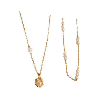 Real Gold Plated Pearl Stitching Oval Necklaces