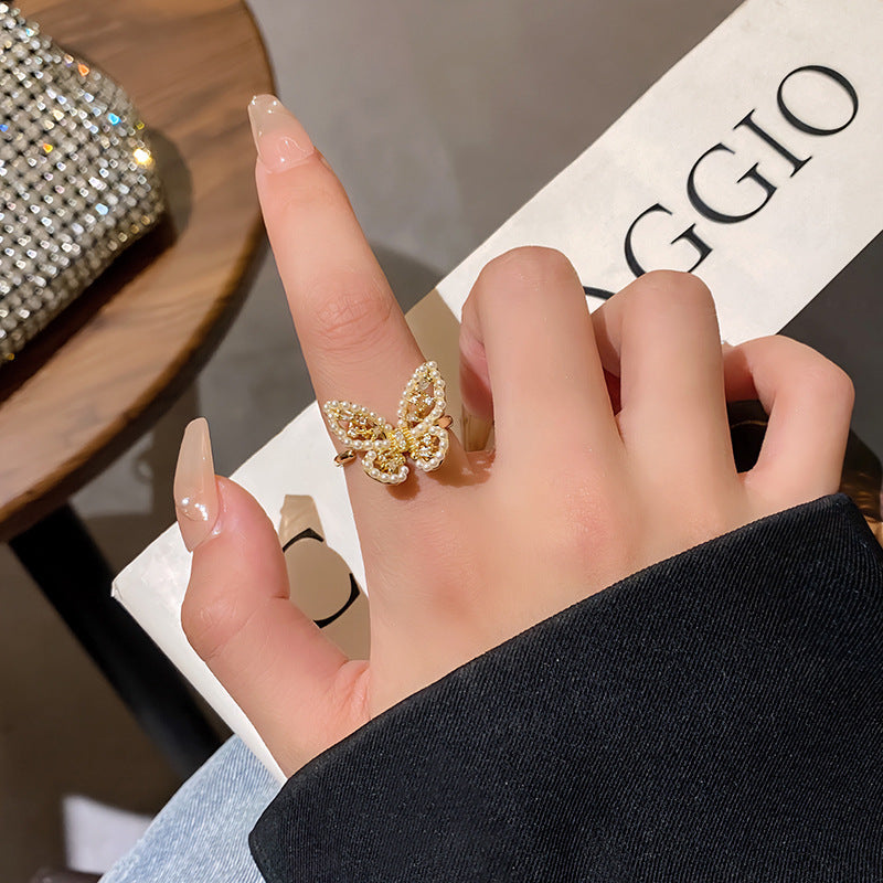Generous Butterfly Female Opening Adjustable Pearl Zircon Rings