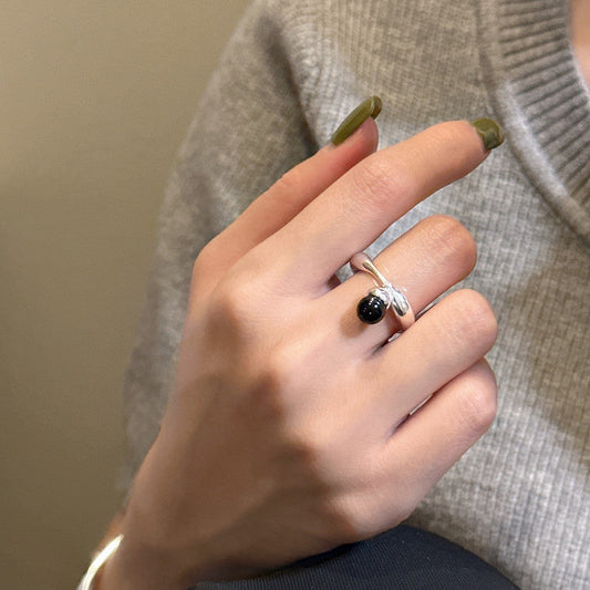 Sier Black Agate French Retro Ball Rings