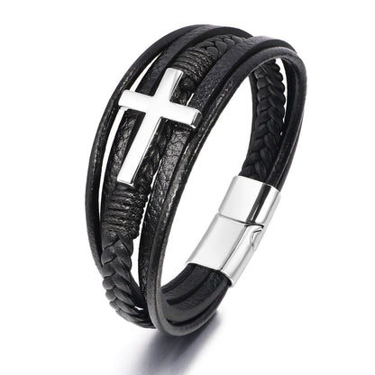 Men's Cross Leather Handmade Braided Rope Magnetic Bracelets