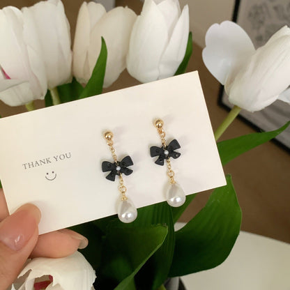 Women's Elegant French Style Black Bow Water Drop Pearl Lady Earrings