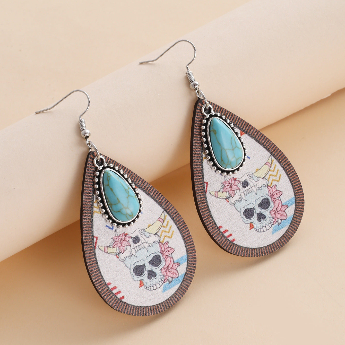 Retro Ethnic Style Fashion Skull Totem Printing Wooden Earrings