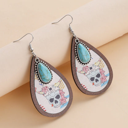 Retro Ethnic Style Fashion Skull Totem Printing Wooden Earrings
