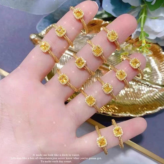 Women's Gold Plated Yellow Diamond Small Sugar Cube Rings