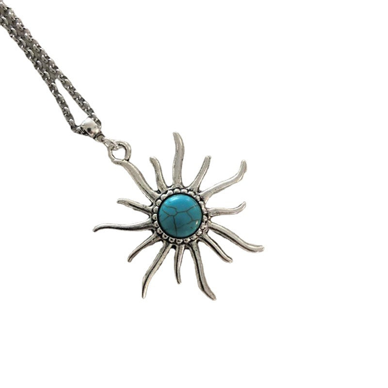 Boho Sun Pendant Sunflower Cracked Turquoise Necklaces