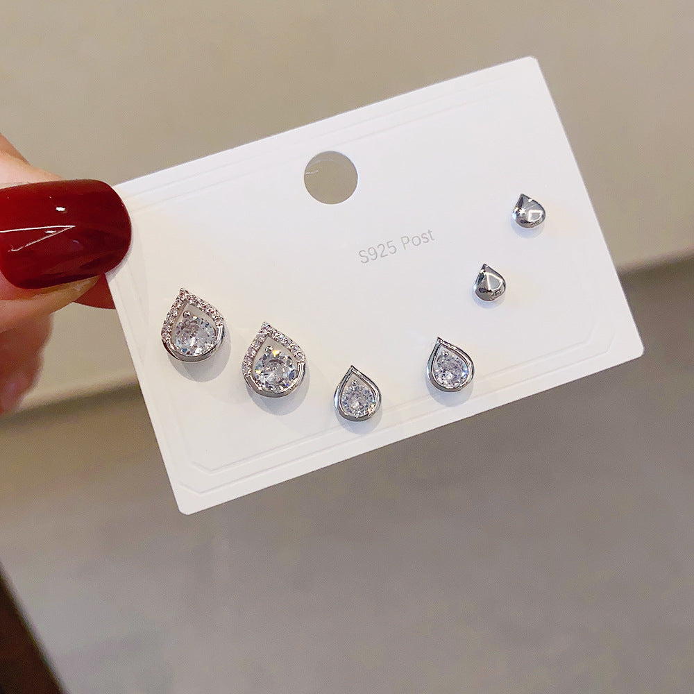 Women's Fashion Sier Set One Card Three Small Ear Needle Earrings