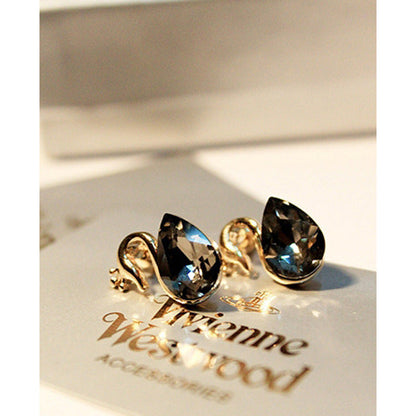 Sier Needle Small Black Swan Korean Style Crystal Earrings