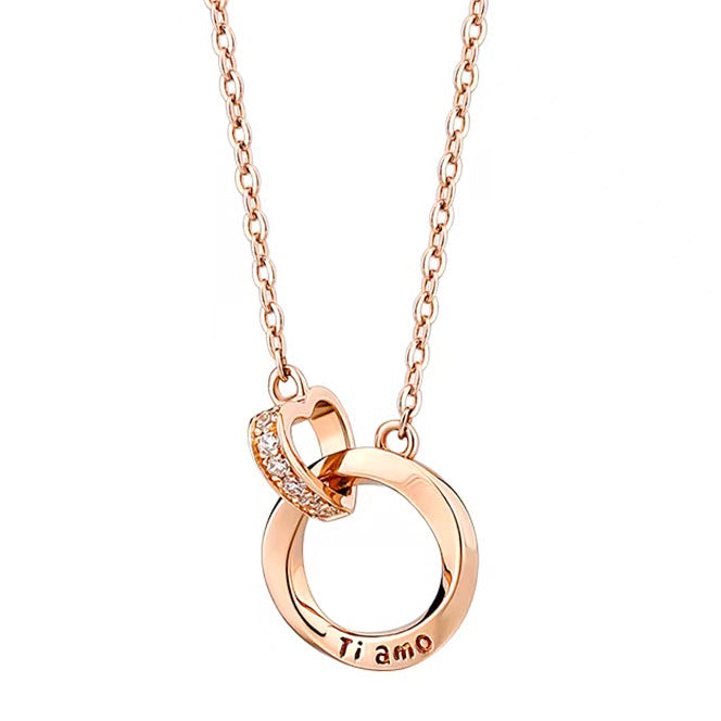 Women's Rose Gold Round Buckle Double Diamond Inlaid Short Clavicle Necklaces
