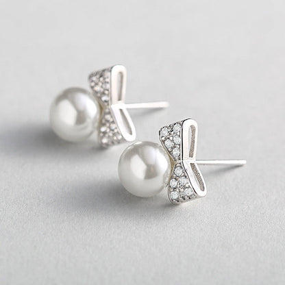 Sweet Pearl Exquisite Inlaid Zircon Bow Earrings