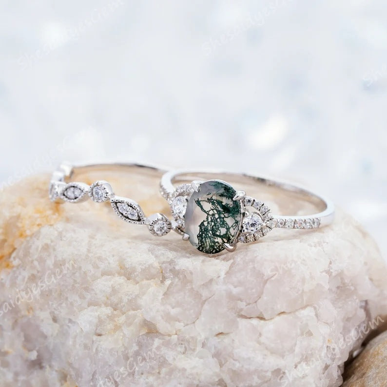 Green Plant Pattern Set Light Luxury Rings