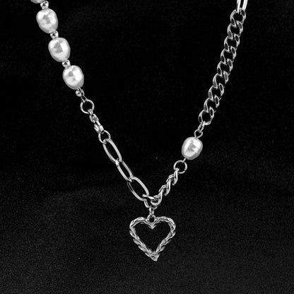 Broadcast Stainless Steel Love Pearl Asymmetric Necklaces