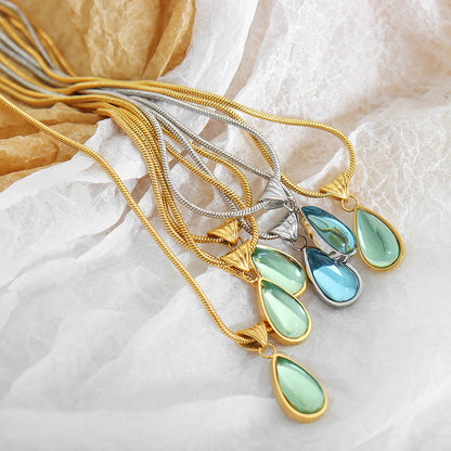 Women's Retro Olive Green Blue Water Drop Pendant Design Necklaces