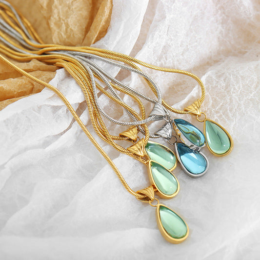 Women's Retro Olive Green Blue Water Drop Pendant Design Necklaces