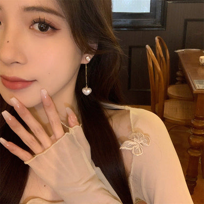 Needle Double-sided Three-dimensional Peach Heart Pearl Long Fringe Rings