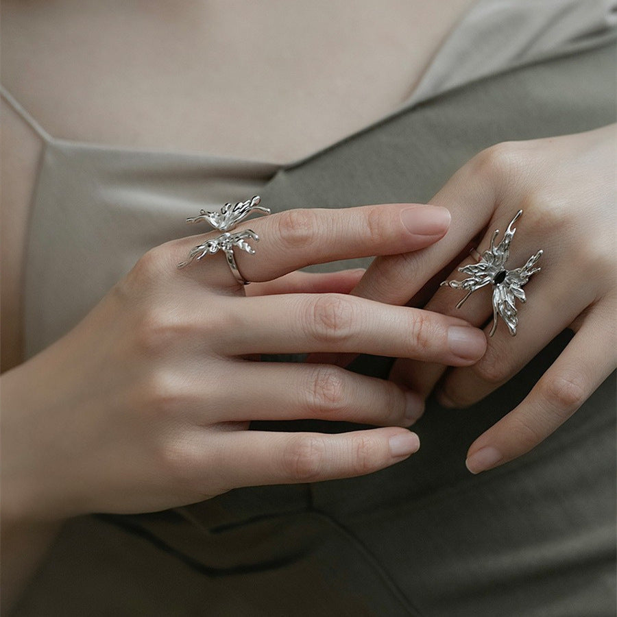 Women's Sier Personality Butterfly Retro Fashion Micro Inlaid Zircon Open Rings