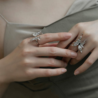 Women's Sier Personality Butterfly Retro Fashion Micro Inlaid Zircon Open Rings