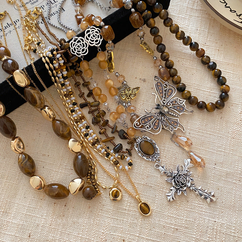Women's Series Tigereye Butterfly Chinese Retro Beaded Sweater Necklaces