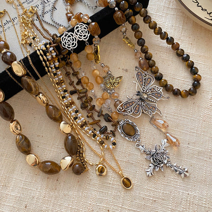 Women's Series Tigereye Butterfly Chinese Retro Beaded Sweater Necklaces