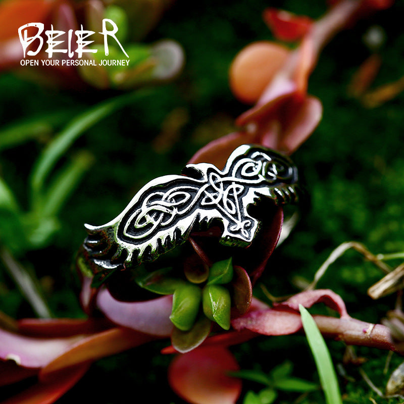 Men's Steel Nordic Viking Celtic Knot Crow Rings