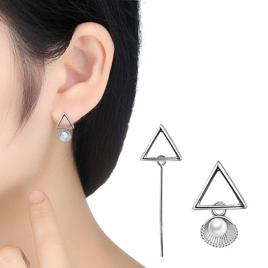 Pearl Asymmetric Triangle Tassel Special Sier Light Luxury Earrings