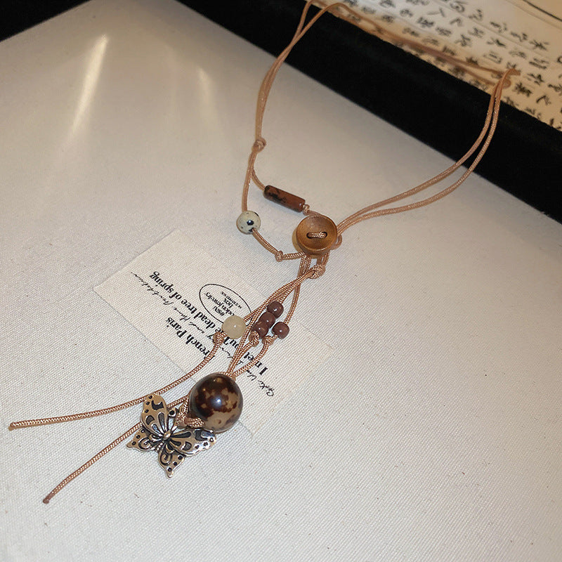 Women's Series Tigereye Butterfly Chinese Retro Beaded Sweater Necklaces