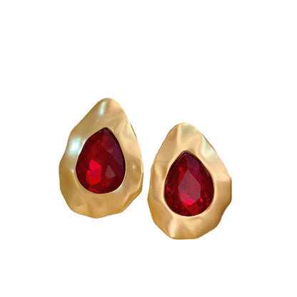 Distressed Matte Gold Red Gem Drop Earrings