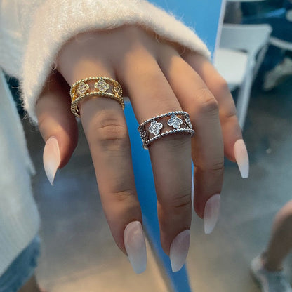 Retro Fashion Micro Inlaid Zircon Four-leaf Clover Temperament Rings