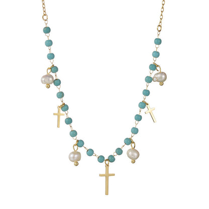 Style Retro Titanium Steel Gold Cross Freshwater Pearl Necklaces